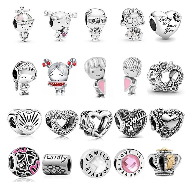 Fit pandora pärlor 925 silver charm kvinnor smycken ny ankomst 1 st familjeflicka pojke mamma pappa mormor pärla