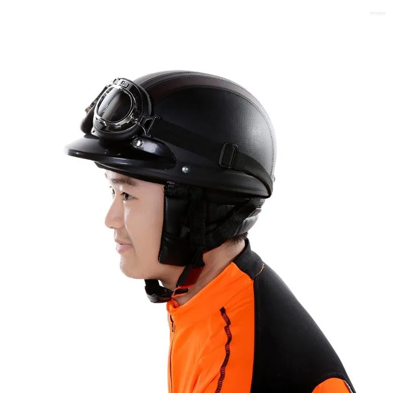 Casques de moto en cuir PU vélo vélo ouvert demi-visage avec lunettes de visière pour hommes et femmes casque de moto professionnel