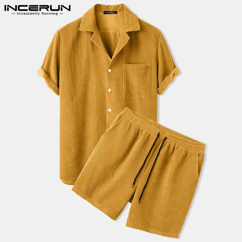 Herrspårar incerun män corduroy sätter fast färg kort ärm lapel knappskjortor shorts chic streetwear mens casual kostymer s-5xl 230313