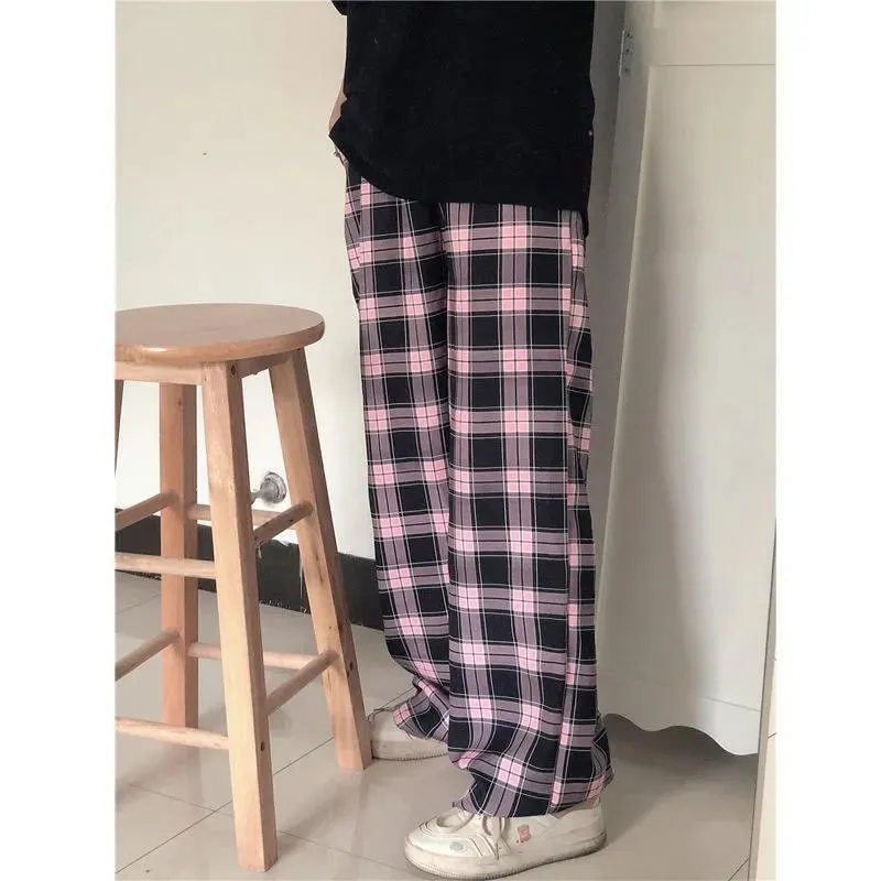 Damesbroeken capris zwarte en roze plaid broek oversized vrouwen casual losse wide been broek ins retro tieners rechte hiphop streetwear 230313