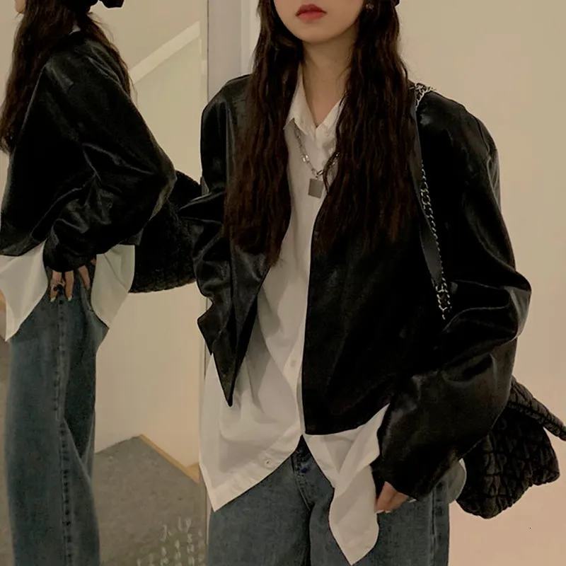 Women's Jackets Cropped Leather Women Korean Black Y2K Streetwear Moto Autumn Chic Loose Casual Highstreet Short Coat 230313