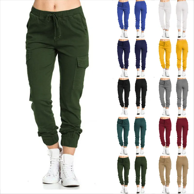 Womens Pants Capris Solid Jogger Cargo MultiPocket Drawstring Elastic Waist Women Sports Streetwear Casual Long Pant 230313