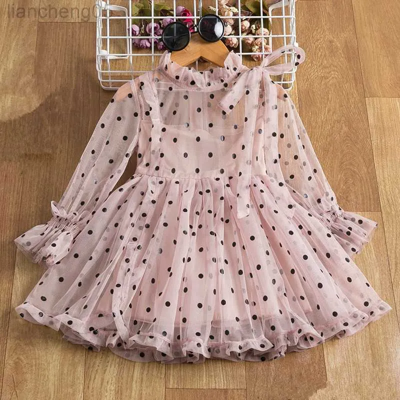 Girl's jurken 3-8 jaar Polka-Dot Girls Princess Dress For Kids Lente herfst Lange mouw Elegante verjaardagsfeestjurk Kinderen Casual kleding W0314