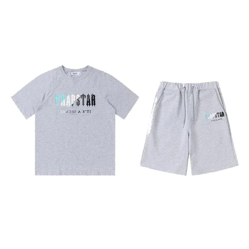 Qualité supérieure hommes trapstar t-shirt chemises de créateurs imprimer lettre luxe noir et blanc arc-en-ciel couleur sport mode coton cordon haut short à manches courtes costume S2