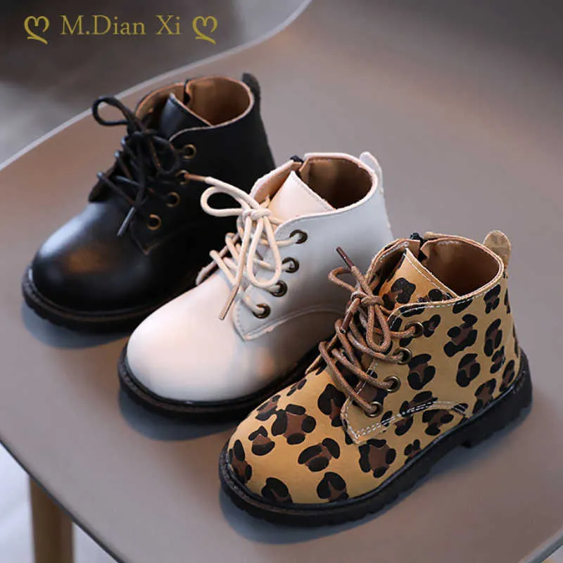 Flat Shoes Children Leopard Leather 2023 Autumn Winter New Baby Shoes Girl Boy Fashion Sying Casual Söta plattform Snöstövlar P230314