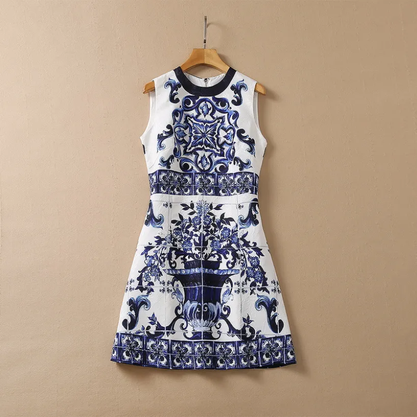 Verão sem mangas em torno do pescoço mini vestido azul paisley impressão jacquard painéis curto elegante casual azul e branco vestidos de porcelana 22q151633