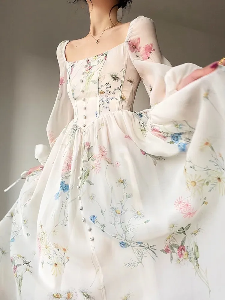 french elegant floral midi dress Casual Dresses French Elegant Floral Midi Dress Chiffon Long Sleeve Evening Party Dress Woman Beach Fairy Dress Korean Summer 230313 Z262609