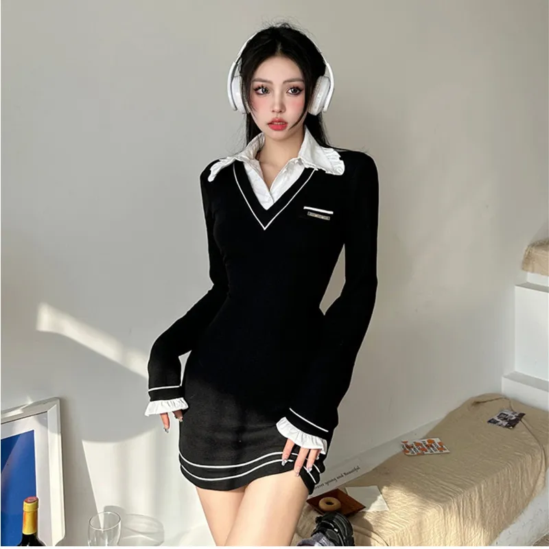 Casual Dresses Academic Style Temperament Slim Longsleeved Black Dress Womens Spring design Fake Twopiece Patchwork Neck Short Skirt 230313