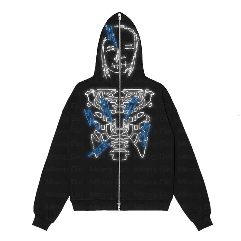 Kvinnor Hoodies Sweatshirts Zip Men Goth Rhinestones Skeleton Graphics Långärmad tröja överdimensionerade topp Y2K klädmodeströja 230314