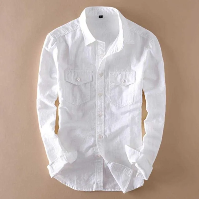 Männer Casual Hemden Helisopus Baumwolle Leinen Herren Langarm Weißes Hemd Mit Tasche Männliche Klassische Camisa Masculina