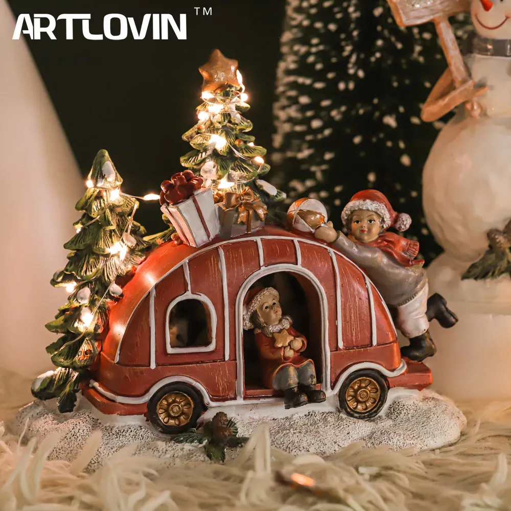 Decorative Objects Figurines Christmas Decorations For Home Village Houses Set Figures Tree/Snowman/Santa Scene With Night Lights Crystal Ball Xmas Gifts 230314