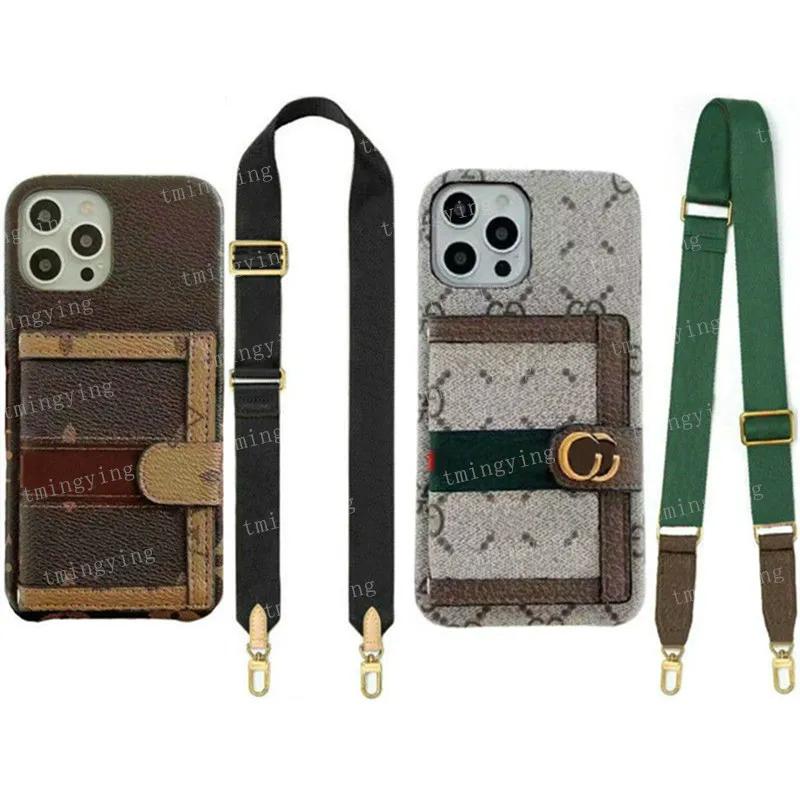 Designer Classic Wallet Läder Telefonfodral för iPhone 15 Pro Max 14 13 12 11 XS XR X Fashion Print Back Cover Case Card Holder Pocket Purse Luxury Lanyard Shell