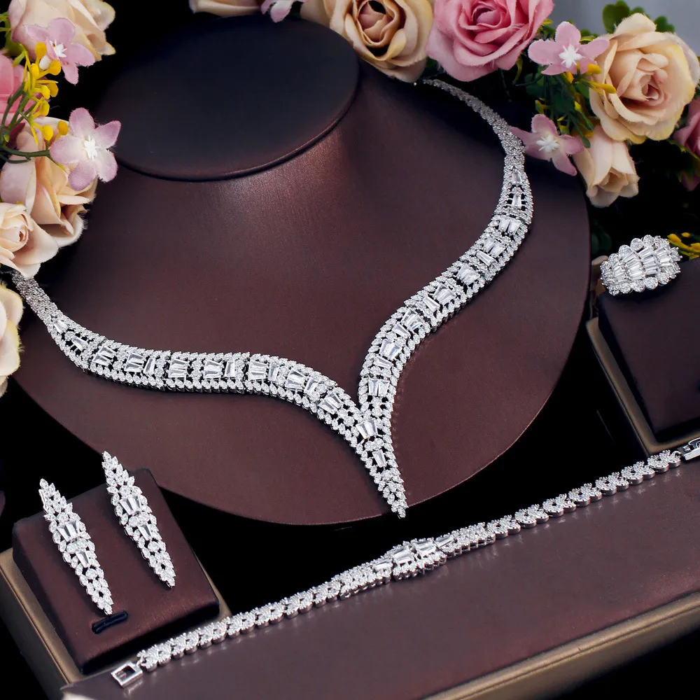 빈티지 실험실 다이아몬드 보석 세트 925 스털링 실버 웨딩 반지 귀걸이 목걸이 여성을위한 신부 약혼 보석