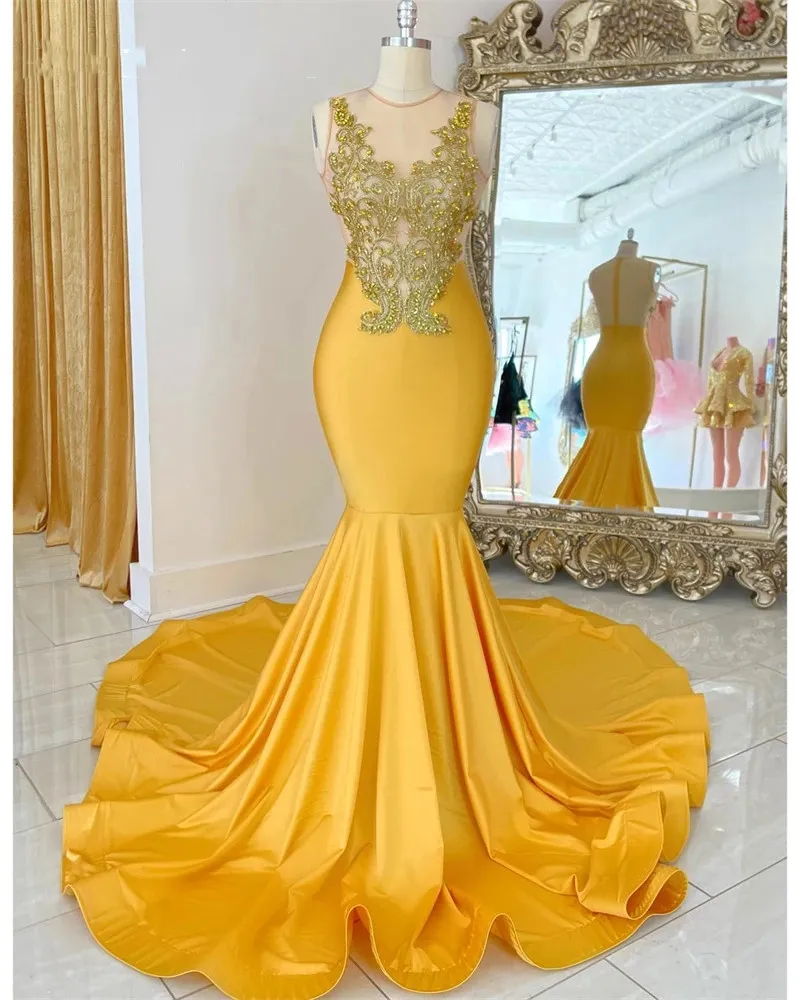 Satin jaune o cou long Prom pour filles noires appliques perlées robes de fête d'anniversaire sirène robe de soirée robe formelle robe de mal mal