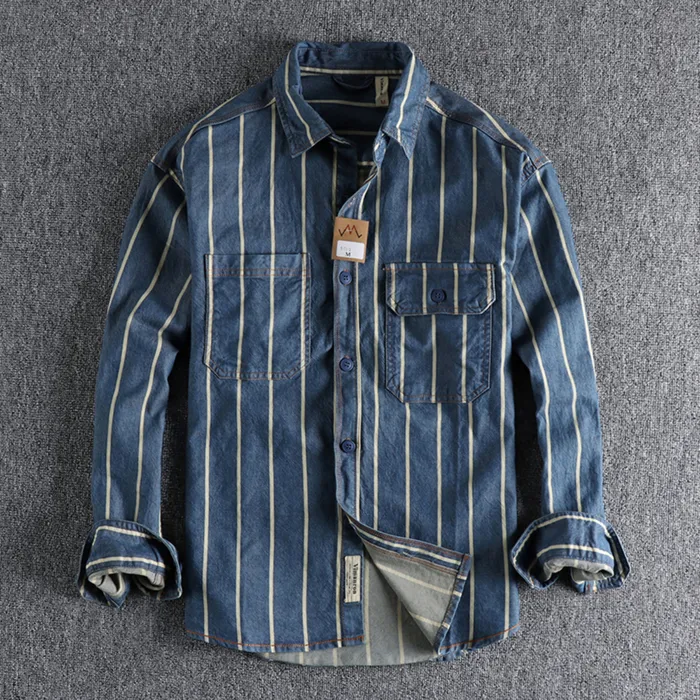 Mężczyzn Casual Shirts Autumn niestandardowe tkane w paski Unane zużyte dżinsowe koszulę mężczyzn w stylu pracy amerykański retro trend młodzież 230313