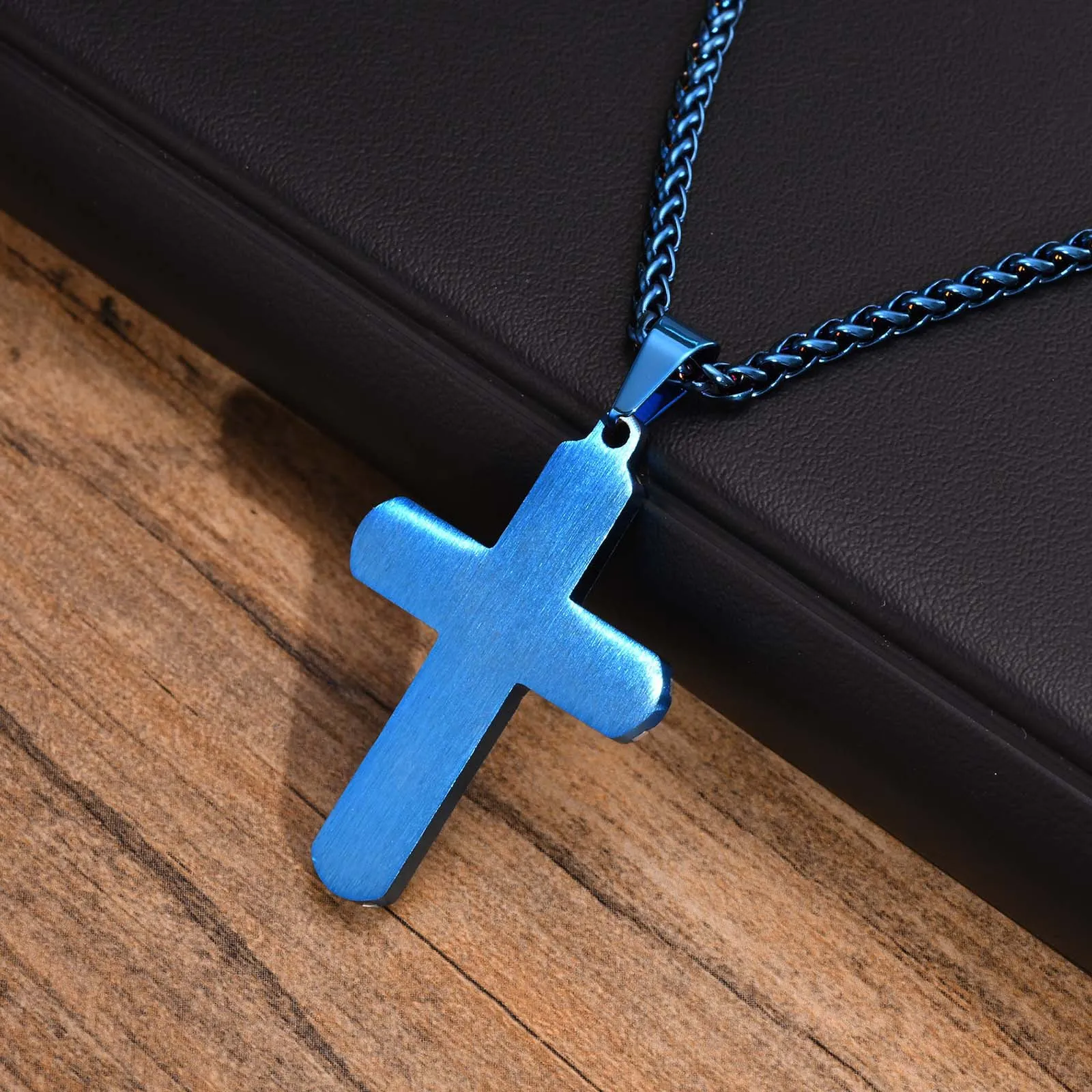 Simple Cross Necklade Pendant For Women Mens Blue Stainless Steel Religious Cross Necklace Braided Chain 3mm 24inch Christmas Gifts