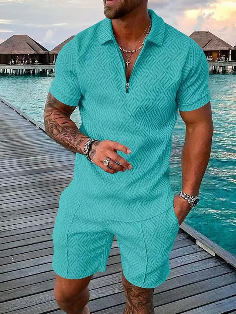 Men's Tracksuits Men's Polo Suit Set Fashion Stripe Print Streetwear V Neck Short Sleeve T-shirtShorts Casual Two Piece Suit Men 230313