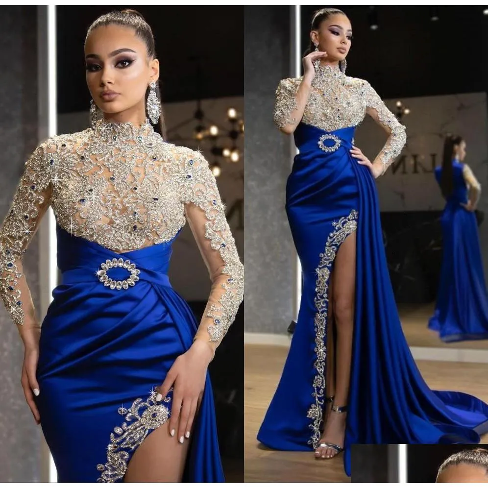 Robes de soirée Vintage col haut luxe cristaux perlés illusion corsage manches longues fendu fête formelle Ocn robes de bal Arbaic Dubai Dhsdp