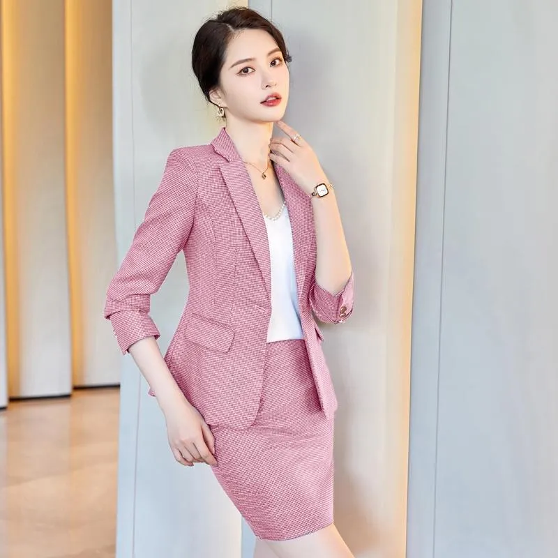 Two Piece Dress Pink Green Apricot Elegant Business Skirt Suit Women Formal Plaid Blazer Long Sleeve Jacket Office Uniform SetTwo