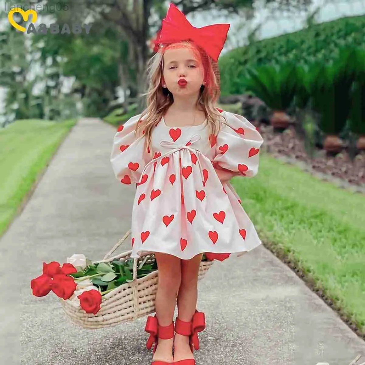 Valentine s Day Red Heart Puff Sleeve Dress for Girls Toddler Kids