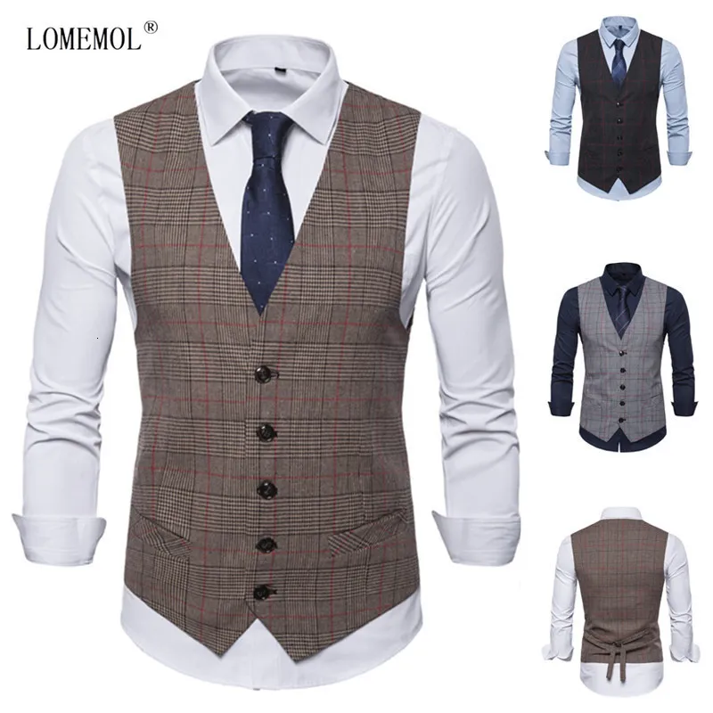 Kamizelki męskie kamizelki lomemol kamizelki zwykłe biznesmeny kamizelki kombinezonowe samce kratowiec kamizelki męskie rękawe garnitur kamizelki Smart Casual Top 230313