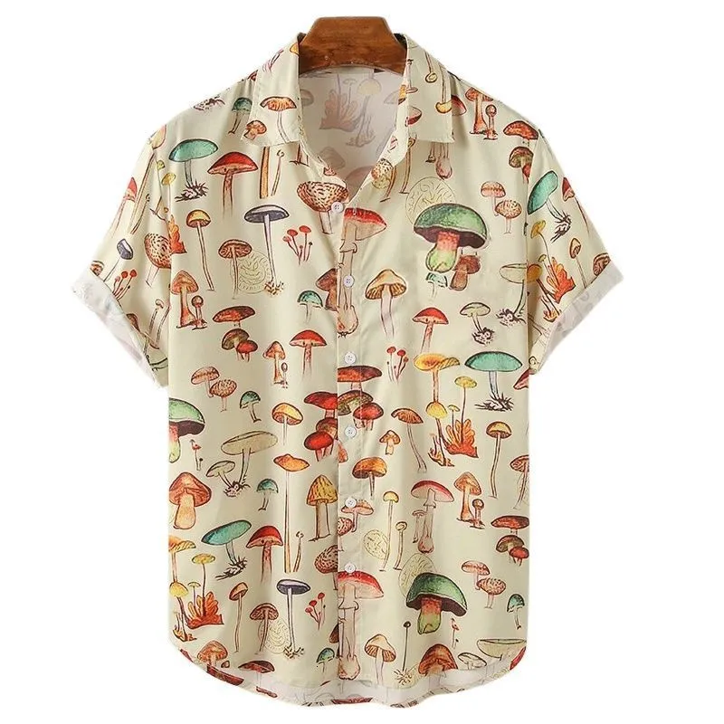 Women's T-Shirt Summer Men's Hawaiian Shirt Lapel Short Sleeve Colorful Element Mushroom Pattern 3D Printing Button Trend Casual Shirt Tops 5XL 230314