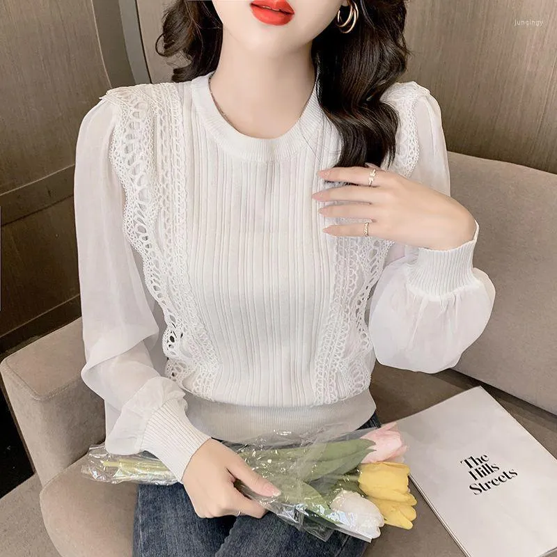 Blouzen voor dames elegante o-neck gesplitste losse kanten ruches blouse dames kleding 2023 lente Koreaanse pullovers gebreide kantoor dame shirt