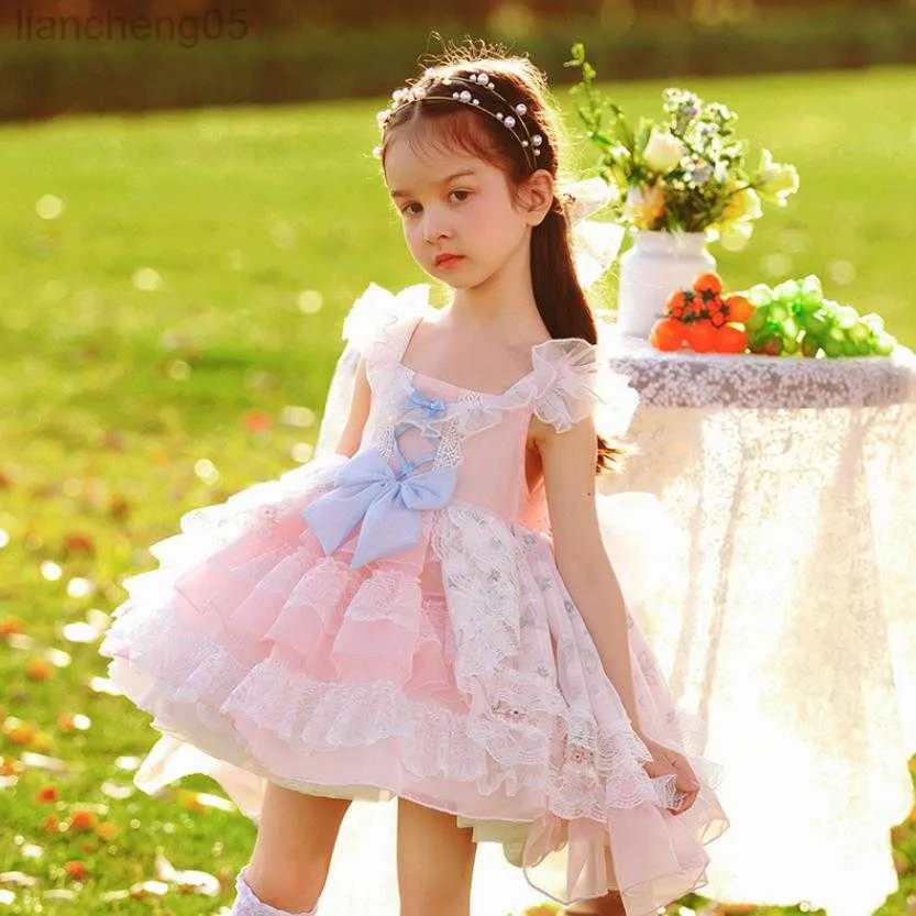 Robes de fille vêtements de bébé espagnol Vintage princesse robe de bal nœud imprimé dentelle conception fête d'anniversaire Pâques Eid Lolita robes pour les filles A1338 W0314