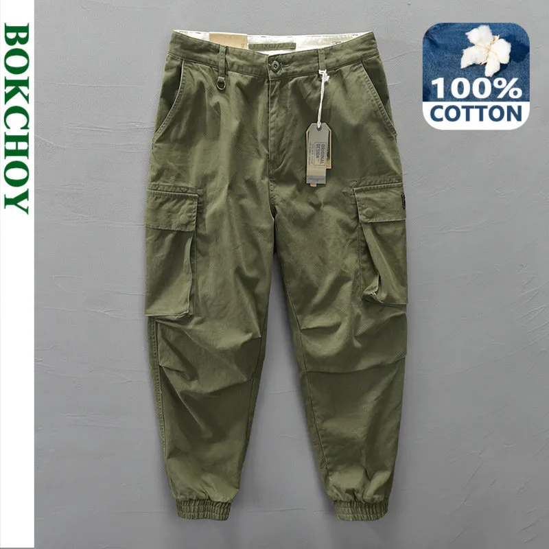 Mensbyxor 2023 Spring 100% Cotton Casual Cargo Pants for Men Solid Color Big Pocket Trousers Streetwear Men AZ304 230313