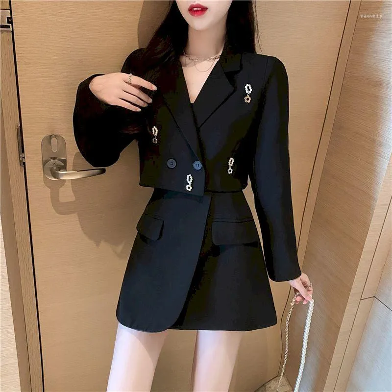 Work Dresses Women Set Suit Blazer Skirt Black Solid Color Spring Autumn Fashion Elegant Jacket High Waist Skirts Two-piece Office Lady