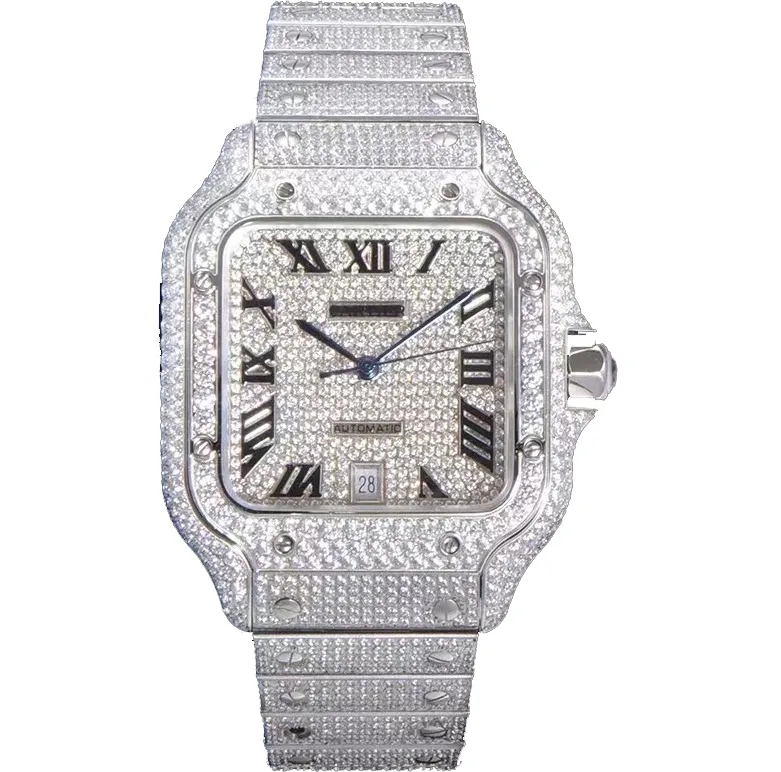 Popularne męskie mrożone diamenty zegarki Duże Zegarek ramki cyrkonowej Silver Diamond Face Pełny diamentowy pasek