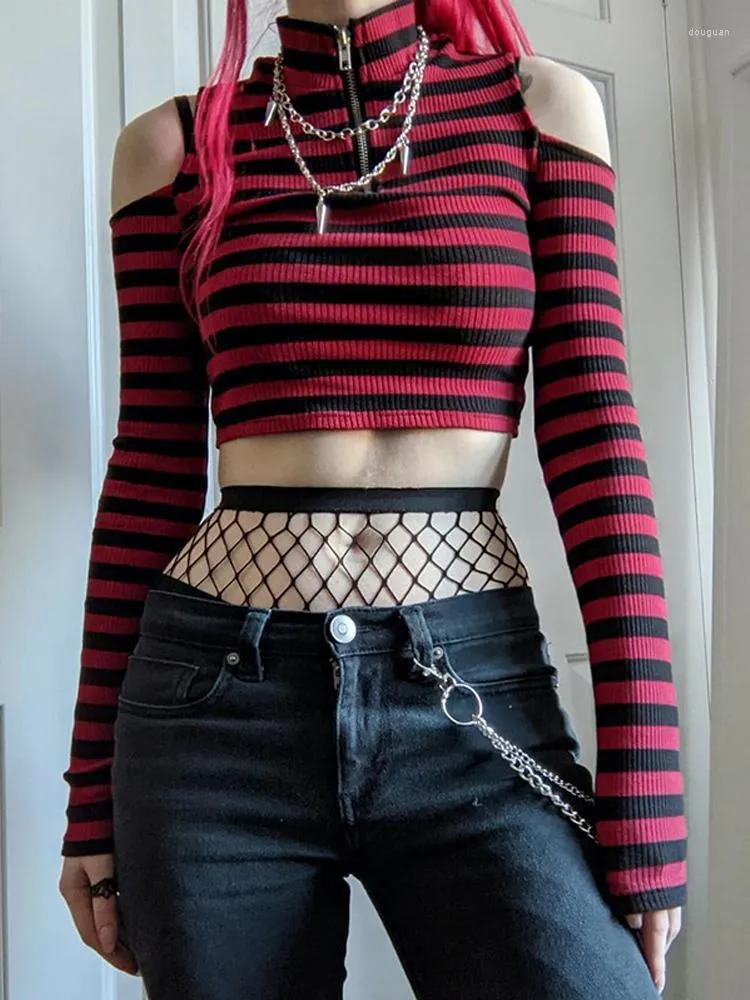 T-shirts pour femmes Goth Dark Grunge Striped Mall Gothique Basic T-shirts Punk E-girl Esthétique Moulante Casual Crop Tops Manches Longues Ouvert