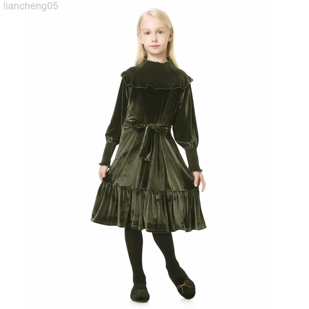 Girl's Dresses Olive Green Color 2023 New Fall Baby Teen Girls Dresses Velvet Big Girl Elegant Dress Elastic Neck Sleeve Sister Clothes #9001 W0314