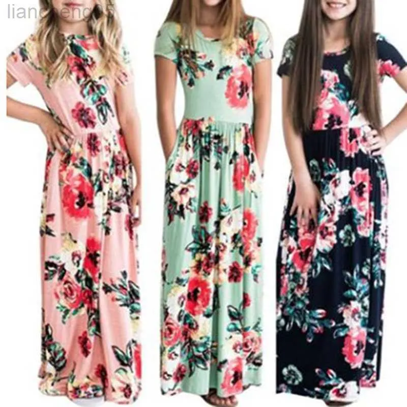 Vestidos de meninas vestido de meninas longa festa de praia casual vestido maxi bohemian com bolso casual vestidos estampados de flor de praia para meninas w0314