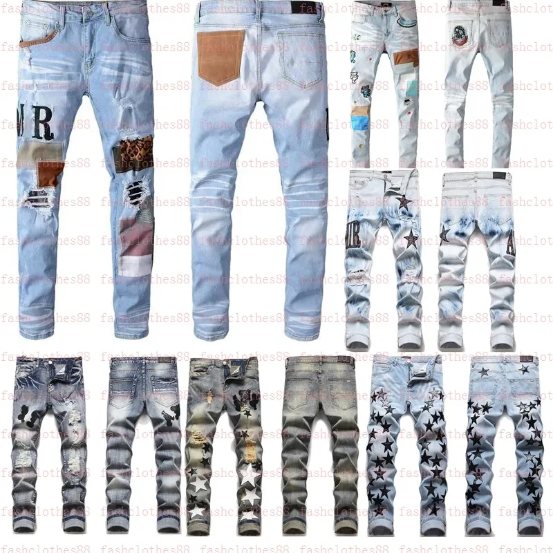 2023 Hot Mens Jeans Designer Europäischer Jean Hombre Letter Star Männer Stickereien Patchwork für Trendmarke Motorrad Pant Skinny Mn58 gerissen