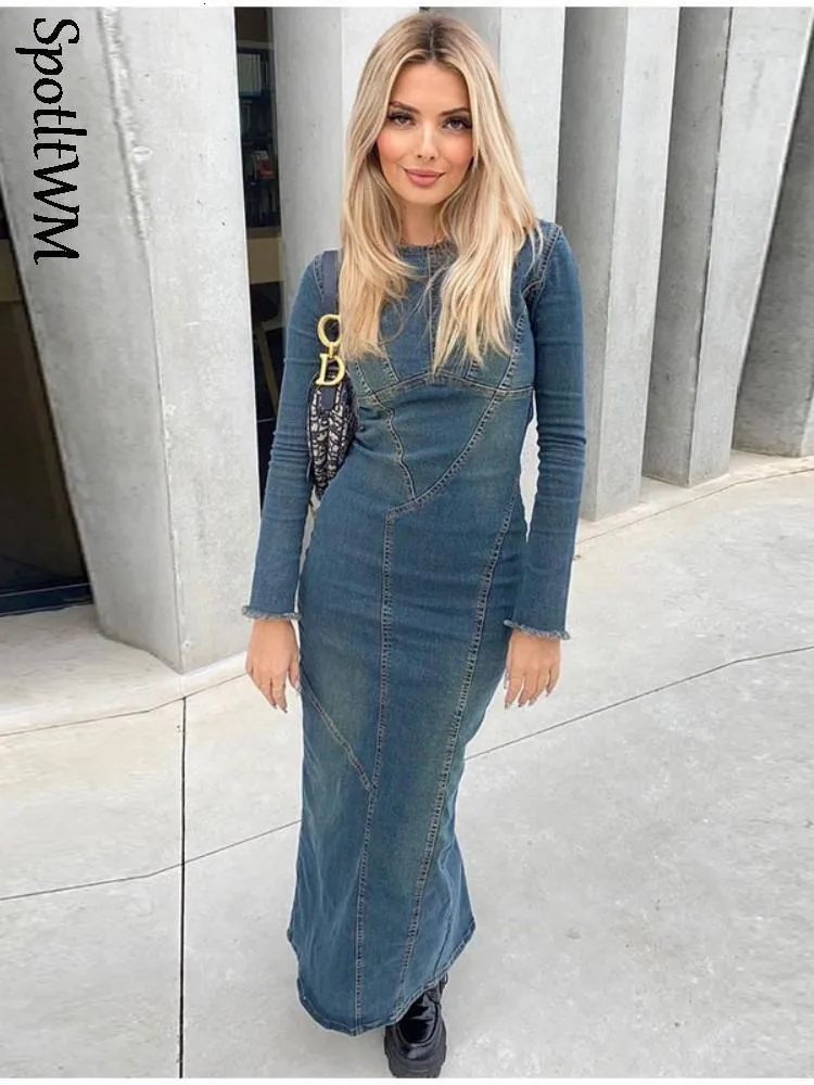 Party Dresses Women's Spring Fashion Blue Denim Dress Long Sleeve Slit Zipper Style Long Dresses Going Out Casual Maxi Female Vestidos 230314