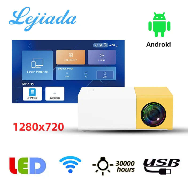 Lejiada New YG300 Plus Android System Portable Mini Projector 1280x720 Поддержка Wi -Fi Bluetooth Multimedia Video Player