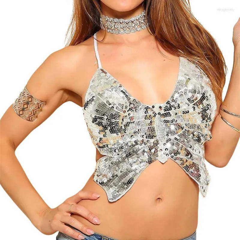 Stage Wear Shiny Sexy Women Halter Back Lace-up Festival Raves Crop Top Tribal Belly Dance Sequin Bra Padded Bandage Beaded Butterfly