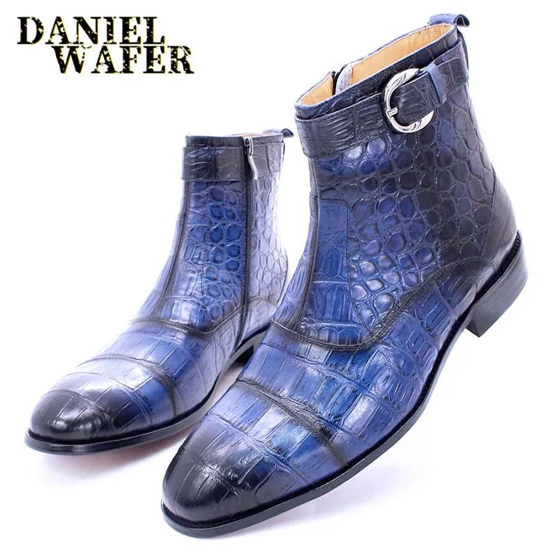 Luxury Botas de tornozelo mass vestido de vestido preto marrom marrom crocodilo impressão de couro genuíno zip fivela de casamento chelsea botas homens homens