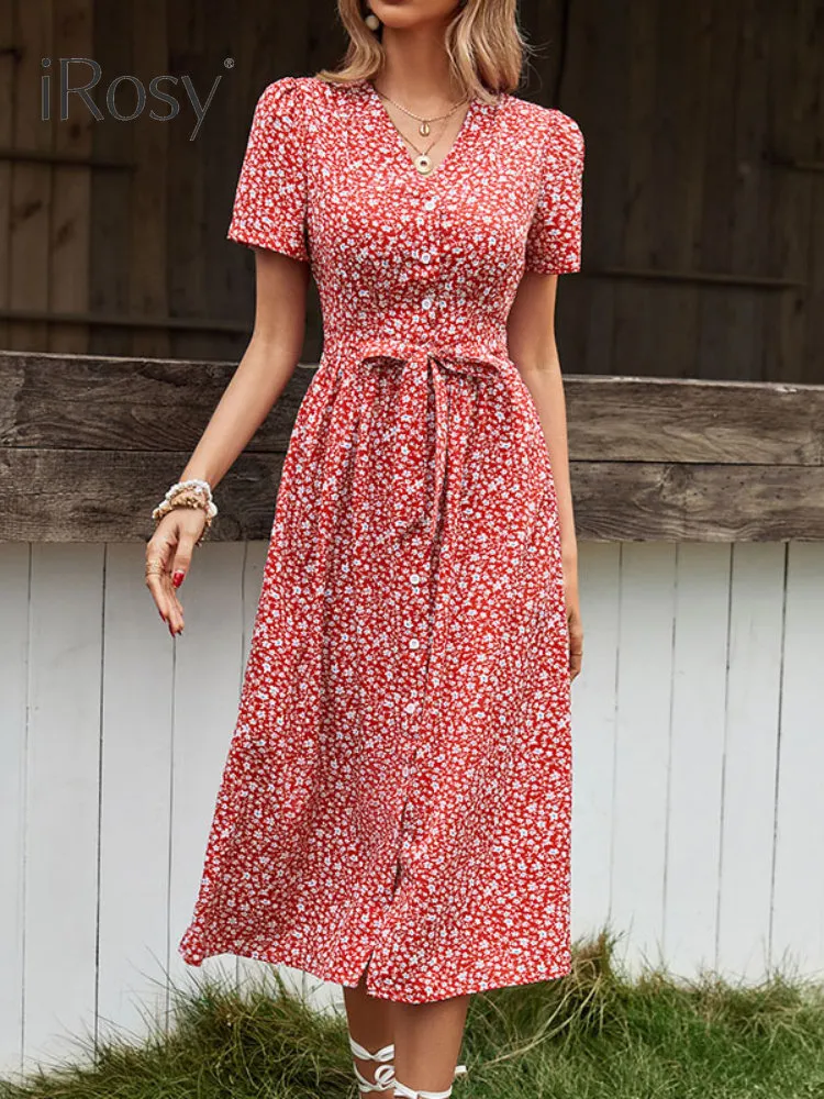 Robes De Fête Pour Femmes Robe Imprimée Florale En V, Bouton Dété