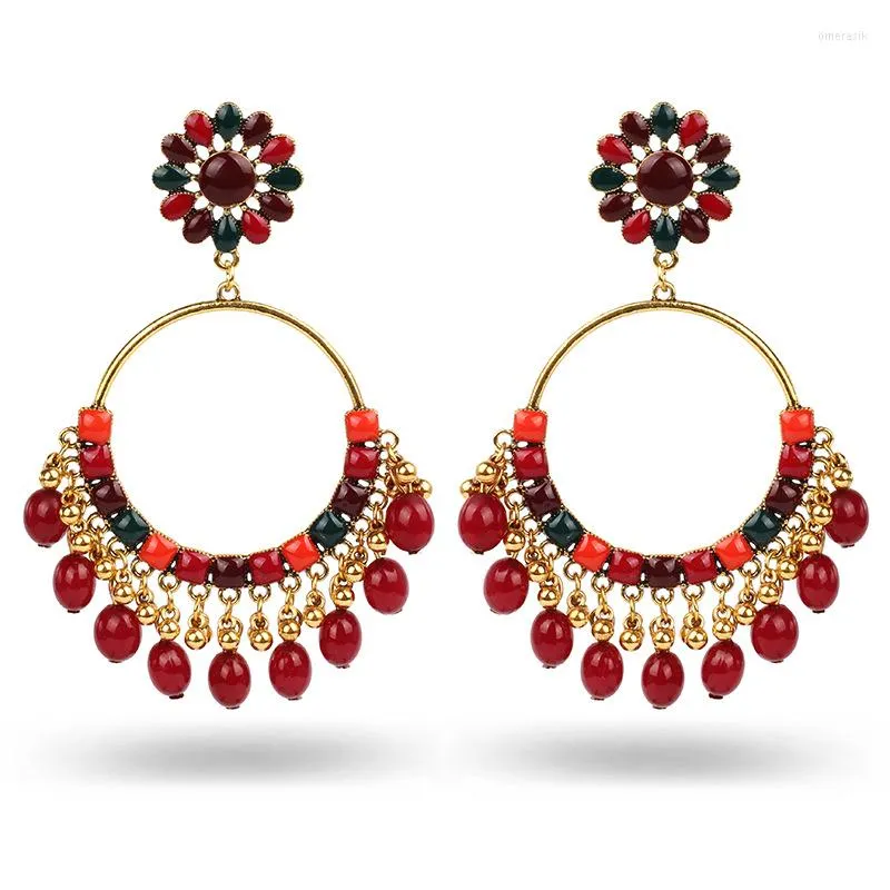 Pendientes colgantes Ins Jhumki Jhumka flor vino rojo cuentas árabe Nepel Tíbet Piercing Vintage Bohamia moda mujer fiesta joyería