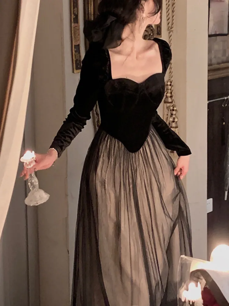 Party Dresses Elegant Long Sleeve Midi Dress Woman Slim French Vintage Velvet Dress Party Casual Korean Fashion Dress Female Autumn Chic 230314