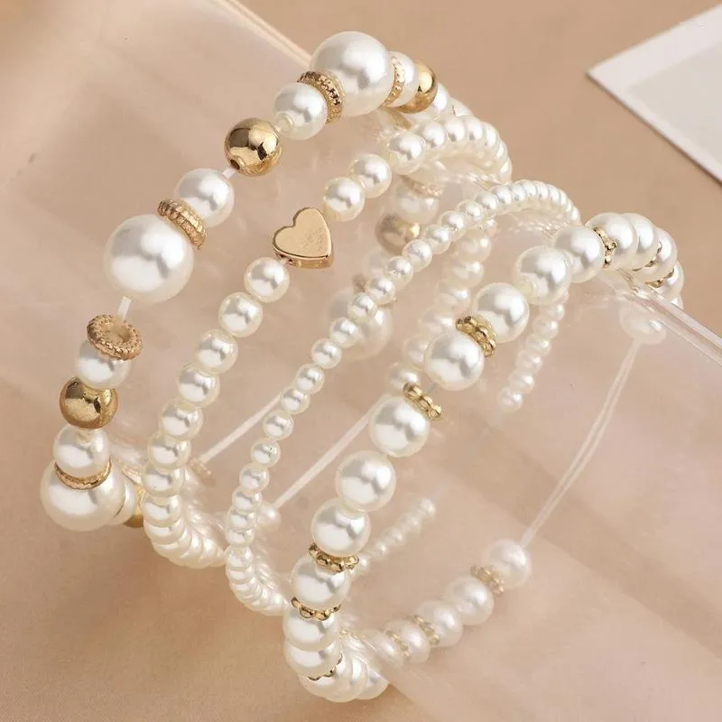 Strand Elegant Imitation Pearl Armband Set For Women Fashion Heart Love Elastic Rope Jewelry Daily Life Accessorie AM4342