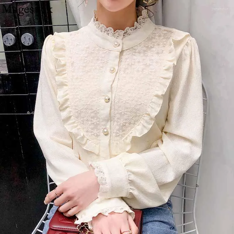 Women's Blouses Autumn Ruffle Stitching Blouse With Lace Stand Collar Long Sleeve Vintage Shirt For Women Embroidery Chiffon Top 16365