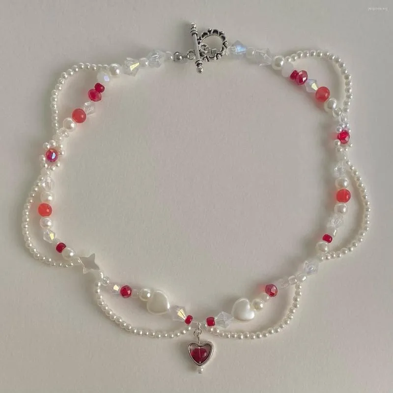 CARRING Handmade Red Heart Beads Colar Pérolas Pérolas Y2K Double