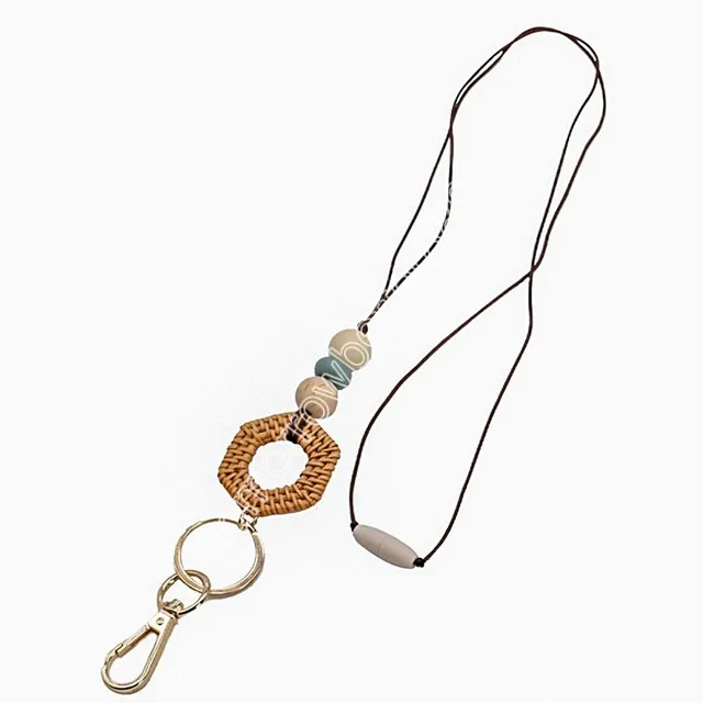 Yeni Rattan Ahşap Bead Lanyard Keychain Çalışma Kimliği Rozeti Kolye Boho Hemşire Öğretmen Charm Hediye Boncuk Kolye Aksesuar