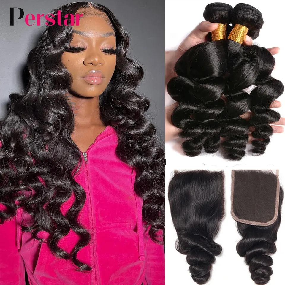 Hair pieces Perstar Human Bundles With Closure Brazilian Loose Wave Weave Extensions Natural Color 230314