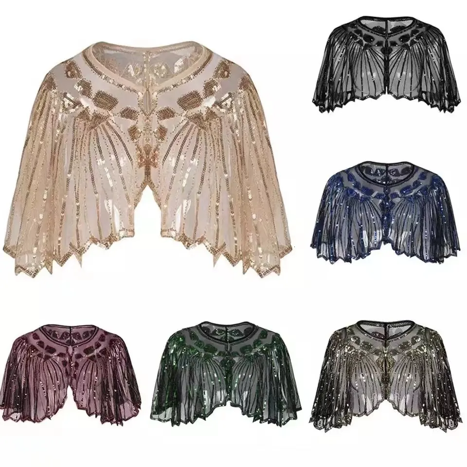 Sjalar vintage 1920 -tals klapp sjal paljettpärlor kort cape pärlstav dekoration gatsby party mesh short cover up klänning tillbehör 230314