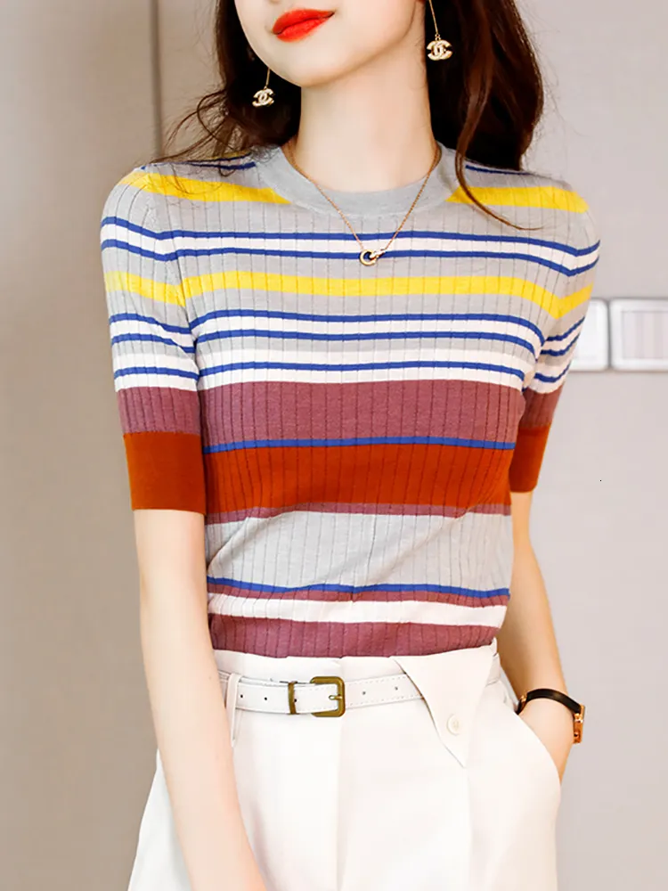 Women's T-Shirt Women Clothes T-shirt Striped Knit Tops Summer Thin Short Sleeve Round Neck Tee Shirt Femme Korean Fashion T Shirts Female Tees 230314