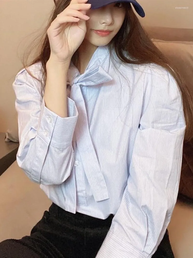 Women's Blouses Women's Shirts Hem Slit Stripes Bow Lace-up Chemise Long Sleeve Buttons Office Lady